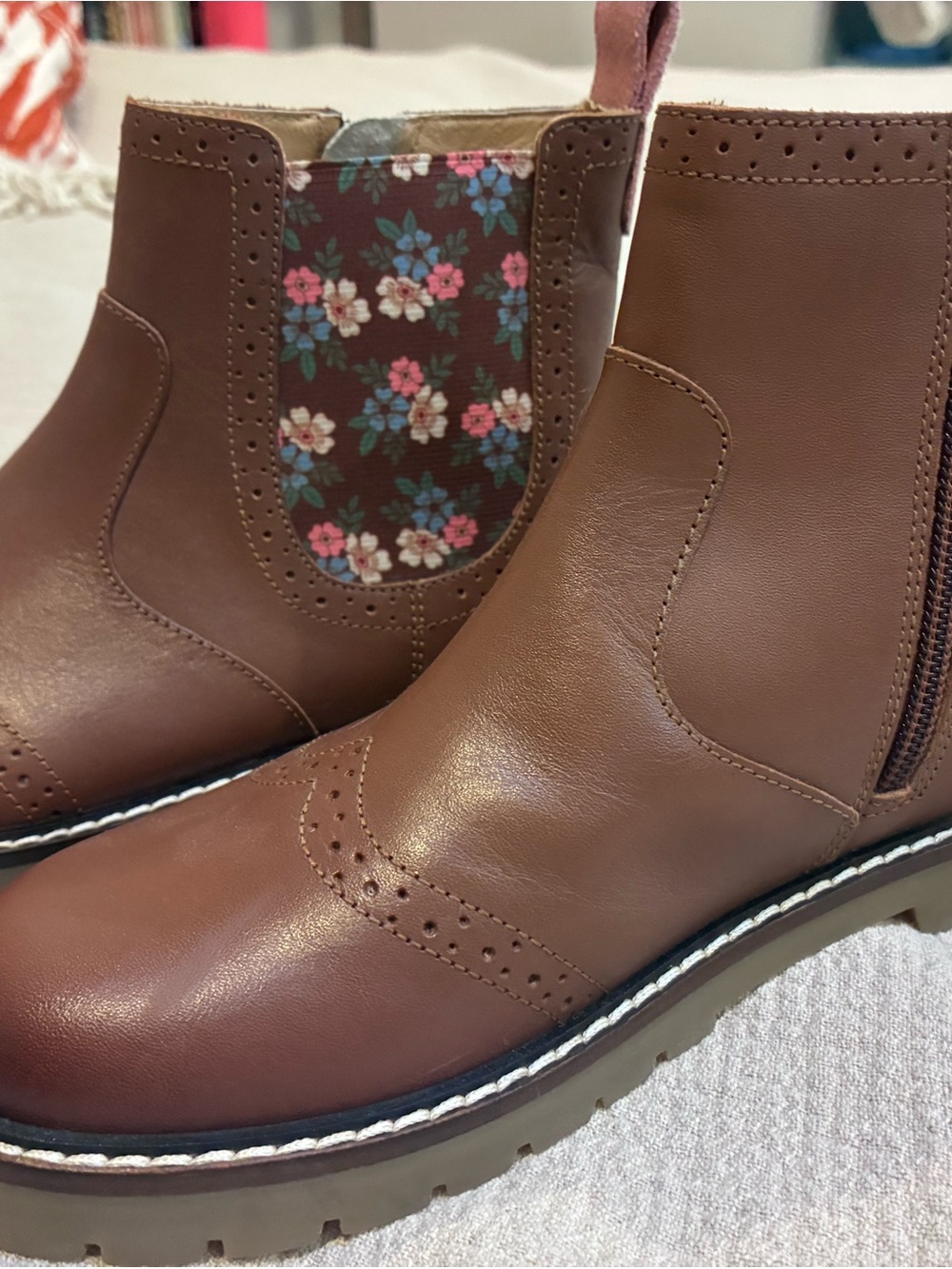 Mini Boden Brown Ankle Chelsea Boots with Floral Elastic Panels